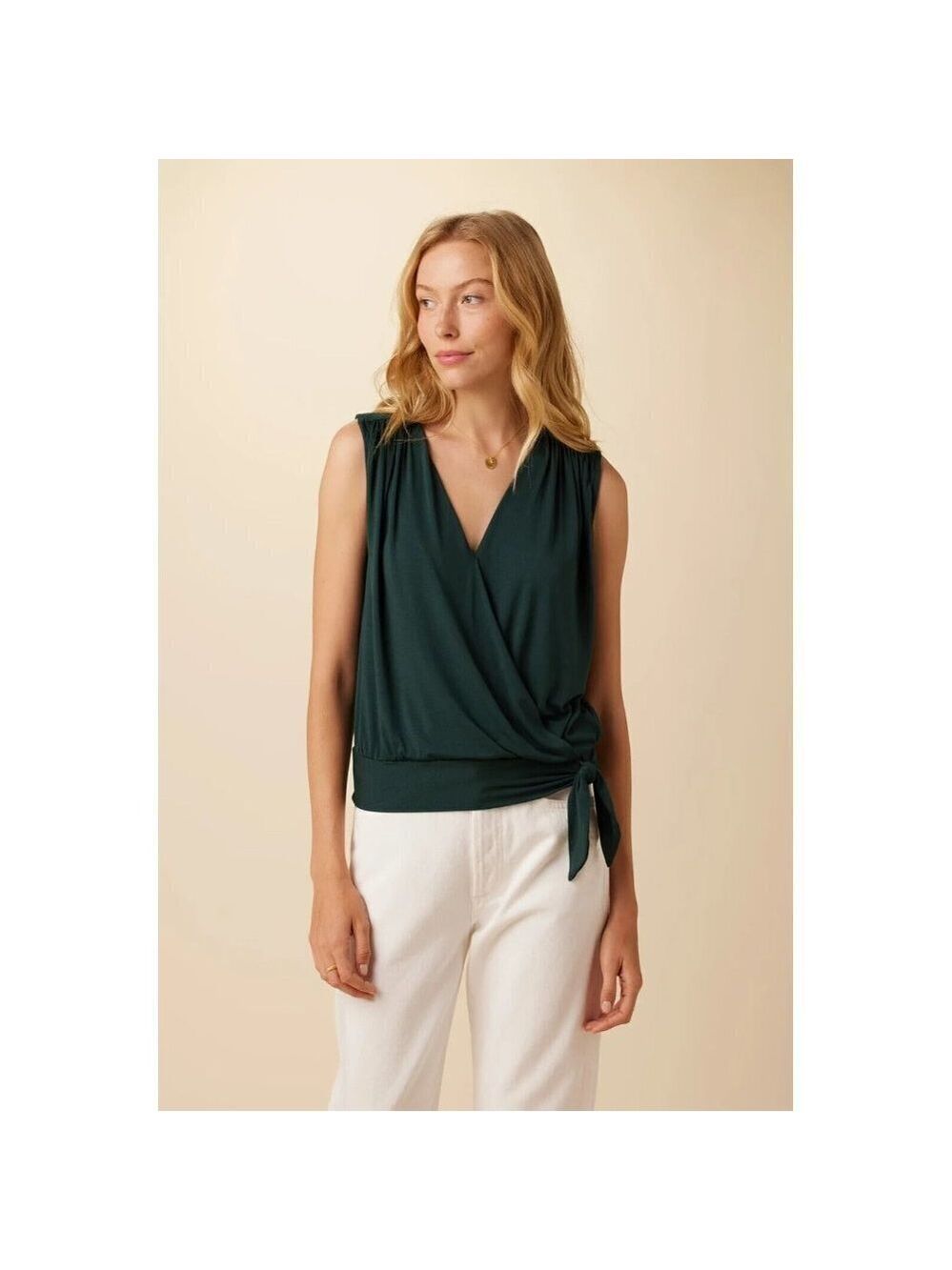 Amour Vert Simone Dream Knit V-Neck Sleeveless Wrap Top in Emerald Green…
